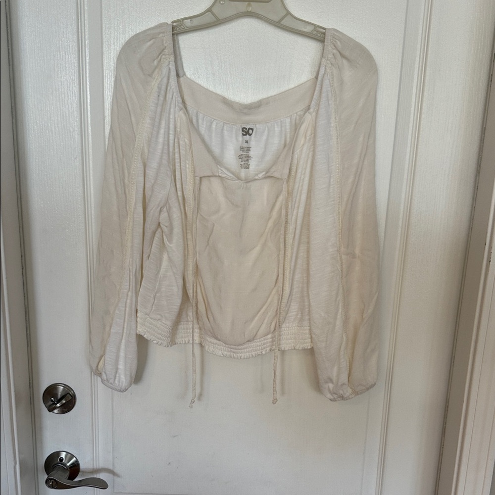 Cream Boho Peasant Blouse XL Long Sleeve Flowy Tie Neck Top